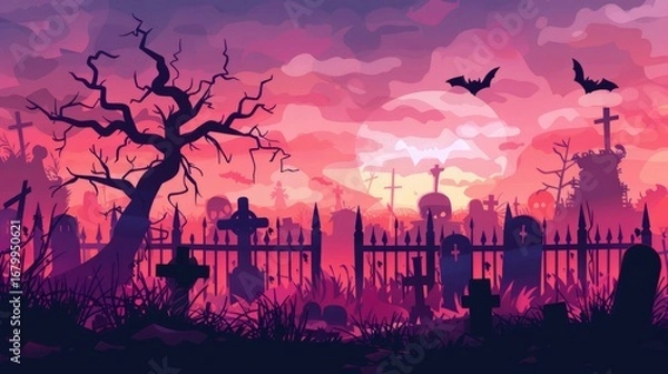 Fototapeta A halloween spooky background, graveyard fence silhouette with scary trees, cemeteries, bats. 