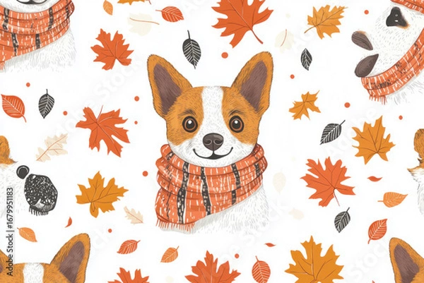 Fototapeta A happy dog with a vibrant scarf stands proudly among scattered autumn leaves. The warm colors and playful expression capture the essence of the fall season. 