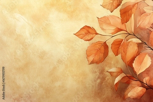 Fototapeta Autumn watercolor illustration. Leaves on an abstract textural background, copy space. Banner