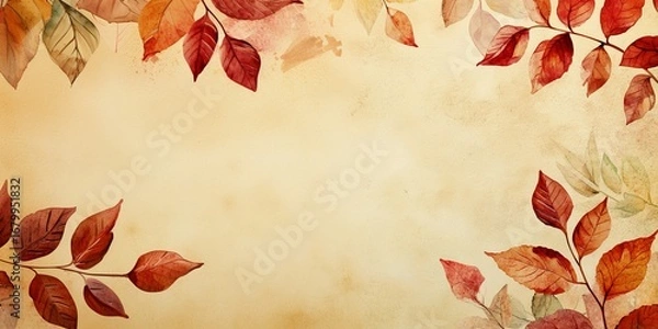 Fototapeta Autumn watercolor illustration. Leaves on an abstract textural background, copy space. Banner