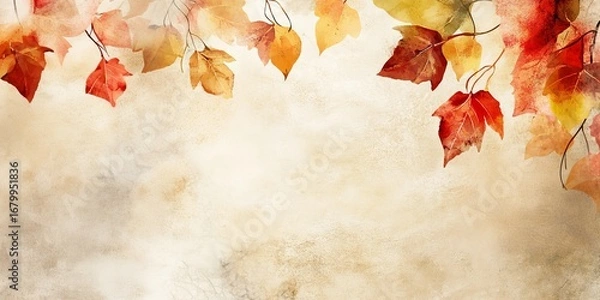 Fototapeta Autumn watercolor illustration. Leaves on an abstract textural background, copy space. Banner
