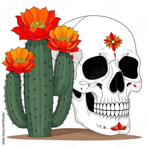 Fototapeta Day of the Dead Skull with Blooming Saguaro Cactus Flowers.