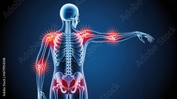 Fototapeta Human skeleton with highlighted joints affected by arthritis, showing pain and inflammation in a medical illustration on blue background