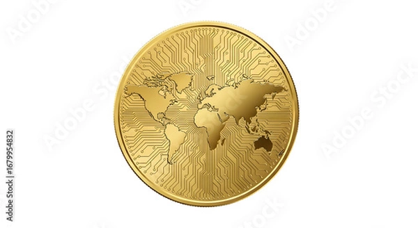 Fototapeta Golden coin with world map and circuit board pattern, isolated on transparent background isolated background