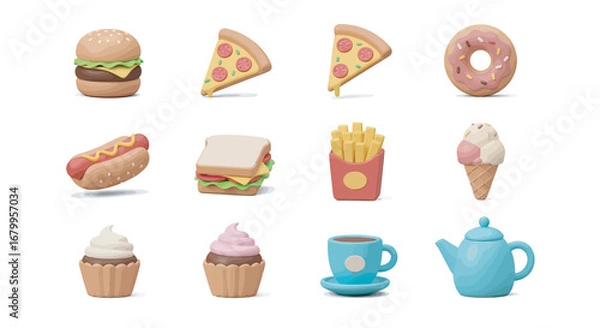 Fototapeta Assorted fast food items arranged neatly on a white surface, showcasing a variety of delicious treats and tempting snacks for a quick meal.