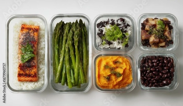 Obraz Healthy meal prep containers with grilled salmon, asparagus, rice, sweet potato, black beans, and potatoes