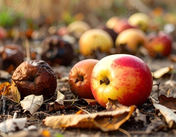 Fototapeta A close-up view of various apples, some fresh and vibrant, others withered and dried, scattered on the ground covered with autumn leaves.