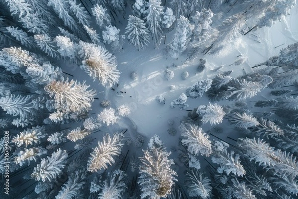 Fototapeta Aerial view of a snow covered forest with a misty clearing and distant figures