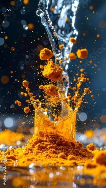 Obraz Vibrant turmeric powder explodes in a dynamic water splash, showcasing a rich golden hue against a dark background.