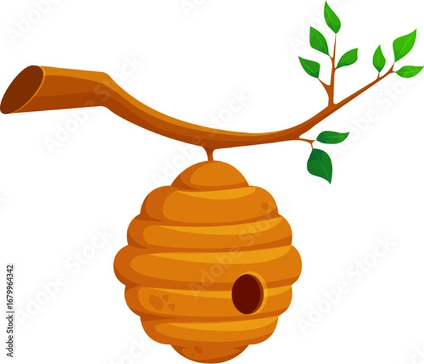 Fototapeta Cartoon bee hive on tree branch for honey bee house or home, vector wild beehive. Wild hive hanging on tree branch for bumblebee or wasp dwelling nest house and kids fairy tale illustration