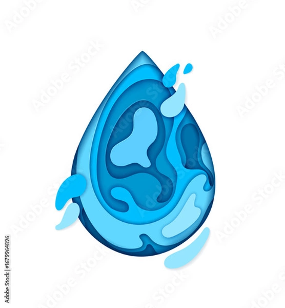 Fototapeta Save water paper cut banner, blue aqua drop shape. Clean water, environment and ecology paper cut vector concept, 3d backdrop. Pure liquid and blue aqua drop with splash ripples papercut background