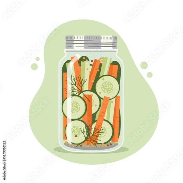 Obraz Illustration of a glass jar with homemade pickled vegetables. Canned carrots, cucumbers, and dill for preserving food.