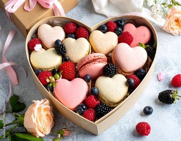 Fototapeta Heart-shaped gift box filled with colorful macarons and fresh berries, creating a sweet and romantic display.