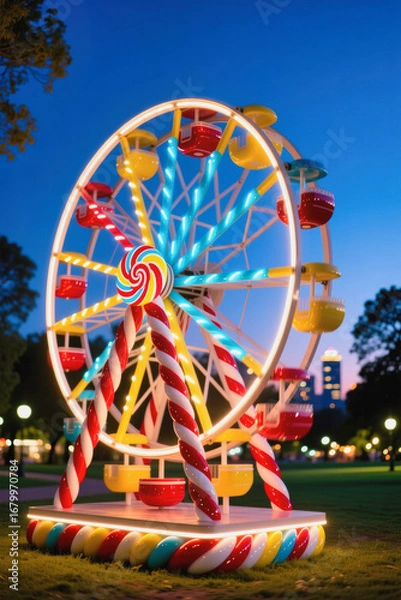 Fototapeta A brightly lit Ferris wheel stands tall in a park during the evening, with colorful gondolas and vibrant lights illuminating the scene.