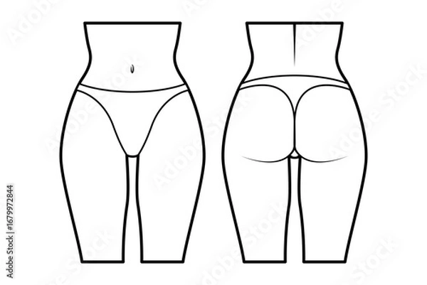 Fototapeta Women’s lingerie technical flat sketch. string bikini for stockings, front and back view, fashion design template. Women’s underwear. Isolated on white.