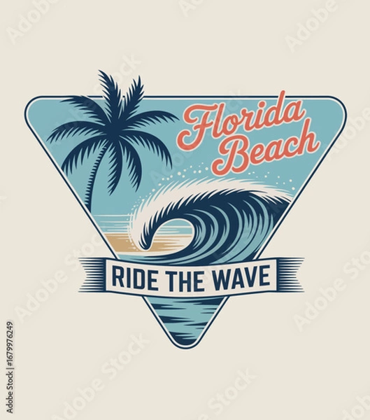 Fototapeta This vibrant graphic design showcases the essence of Florida's beach life with a notable wave, palm trees, and a clear sky, invoking a sense of adventure and relaxation.