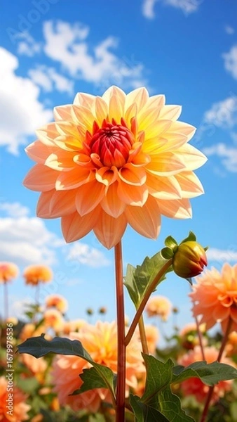 Fototapeta A vibrant peach-toned dahlia blooms beautifully against a backdrop of a clear summer sky dotted with fluffy white clouds.