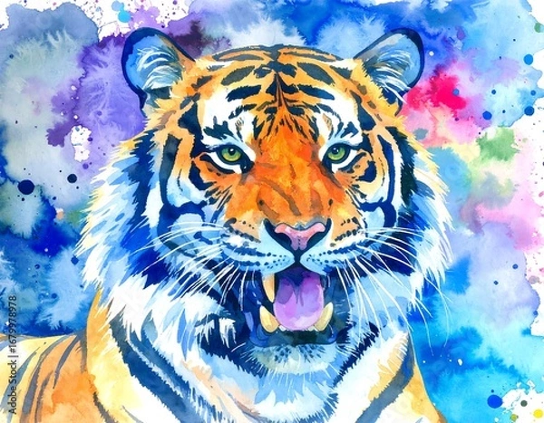 Obraz Vibrant watercolor tiger portrait, showcasing bold colors and expressive details.
