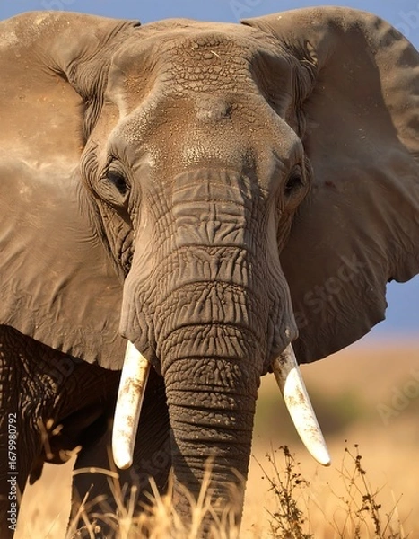 Fototapeta Close-up of an elephant's head, showcasing intricate skin texture and ivory tusks against a backdrop of golden-toned grass.