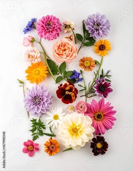 Fototapeta A vibrant arrangement of various flowers in a spectrum of colors, displayed artistically against a bright white background.