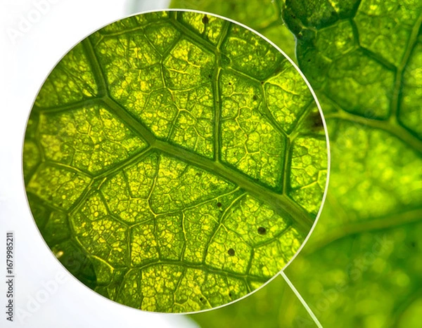 Fototapeta Microscopic Green Leaf Cellular Structure Vibrant macro close-up, revealing intricate veins, cells, and chlorophyll with a magnified inset, showcasing nature's biology.