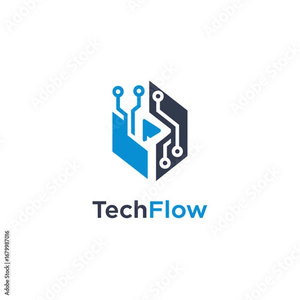 Fototapeta Tech Flow logo design, showcasing circuit board and play button tech innovation.