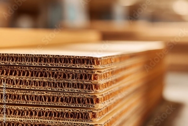 Fototapeta Close-up of stacked corrugated cardboard sheets with layered texture detail