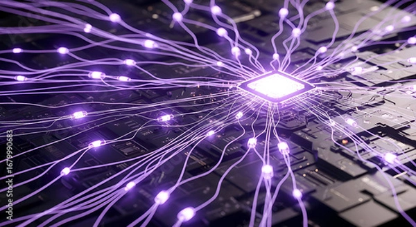 Fototapeta Quantum Computing Processor with Glowing Light Trails