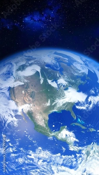 Obraz A detailed view of Earth from space, highlighting the continents and clouds, with a stunning display of cosmic backdrop.