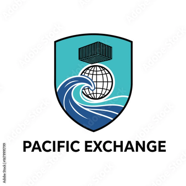 Obraz Pacific Exchange logo featuring a container, globe, and wave.