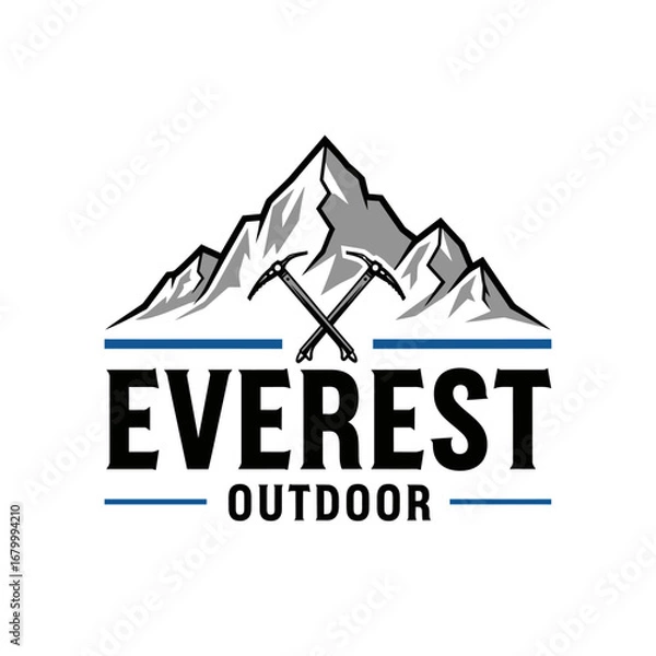 Fototapeta A striking logo featuring a mountain range, crossed ice axes, and the text 'Everest Outdoor'.