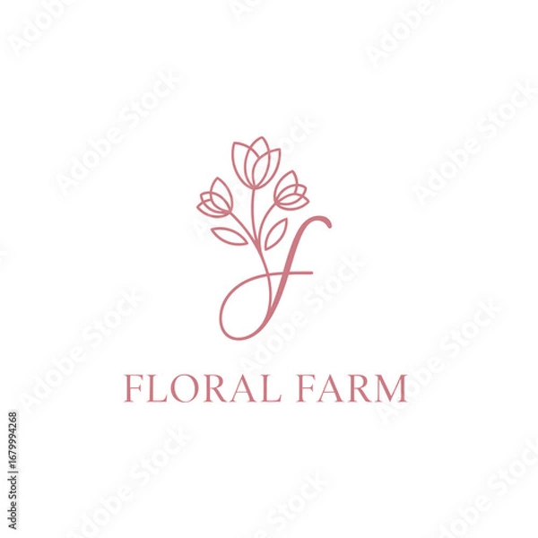 Fototapeta A minimalist logo for a floral farm. Pink tulips and a cursive 'F' create an elegant design.