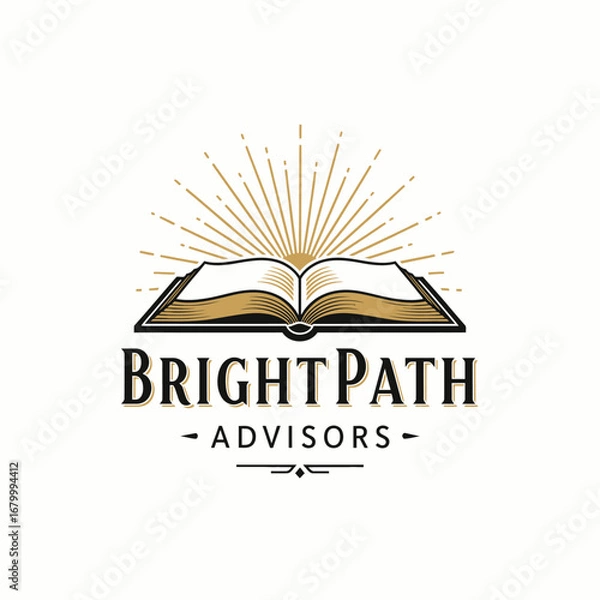 Obraz Logo design for Bright Path Advisors featuring an open book illuminated by a sunburst.