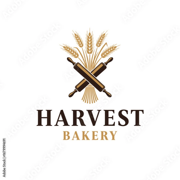 Fototapeta Elegant bakery logo featuring crossed rolling pins and a wheat sheaf.
