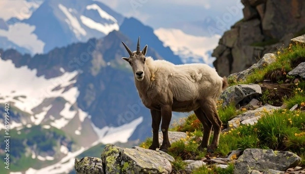 Obraz A majestic mountain goat stands proud on a rocky outcrop, gazing out at a breathtaking backdrop of snow-capped peaks.