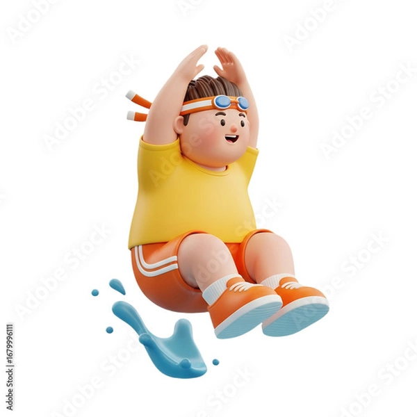 Fototapeta Cartoon boy jumping into water with goggles and swimsuit, ready to swim.