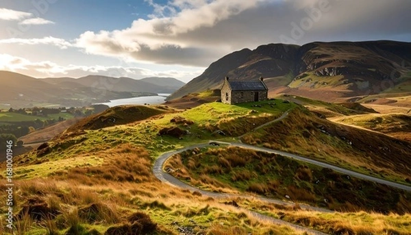 Fototapeta A picturesque landscape showcases a quaint stone cottage nestled atop a hill, bathed in the warm glow of golden sunlight, overlooking a serene valley and lake.