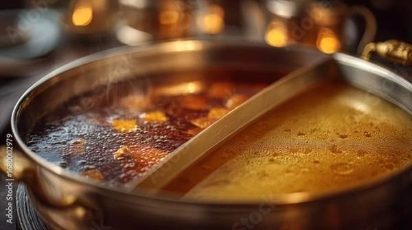 Fototapeta A steaming hotpot featuring two distinct broths, one dark and rich, the other light and clear, surrounded by blurred warm lights in the background.