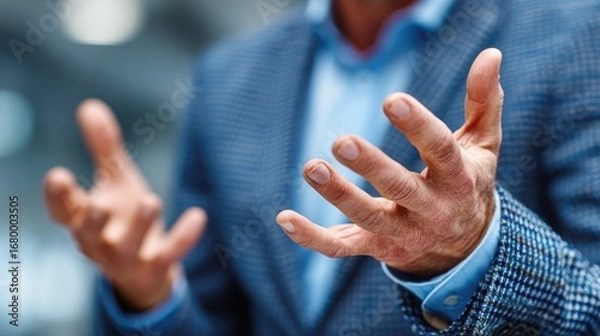 Fototapeta A man in a suit gestures expressively with his hands, conveying emotion or discussion in a professional setting.
