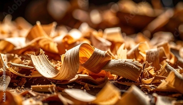 Obraz Close-up view of intricate wood shavings, showcasing a warm golden hue against a dark backdrop, highlighting the artistry of woodworking.