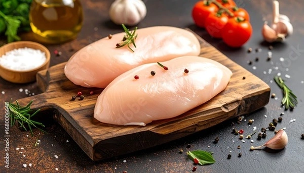 Obraz Two raw chicken breasts rest on a wooden cutting board, seasoned with herbs and spices.
