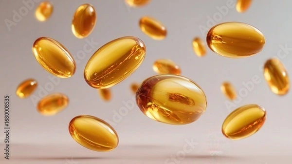 Fototapeta Golden fish oil softgels are suspended in mid air against light background, showcasing their translucent, glossy appearance. capsules appear to be floating, creating dynamic and.