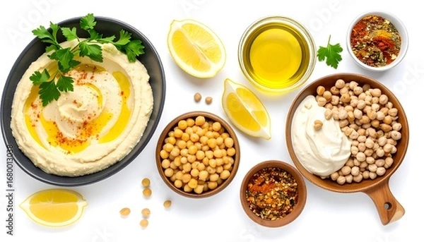Fototapeta Overhead view of hummus and ingredients