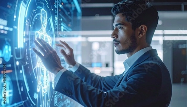 Fototapeta AIアシスタントと未来型ワークスペース