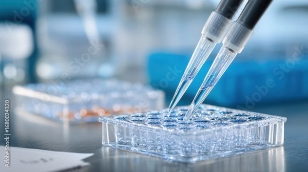 Fototapeta Medium shot centered on focused reagent mixing in microplate well blurred pipettes and lab notes in background.