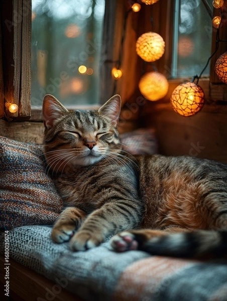 Obraz A tabby cat rests on a pillow near a window with string lights, eyes closed. AI.