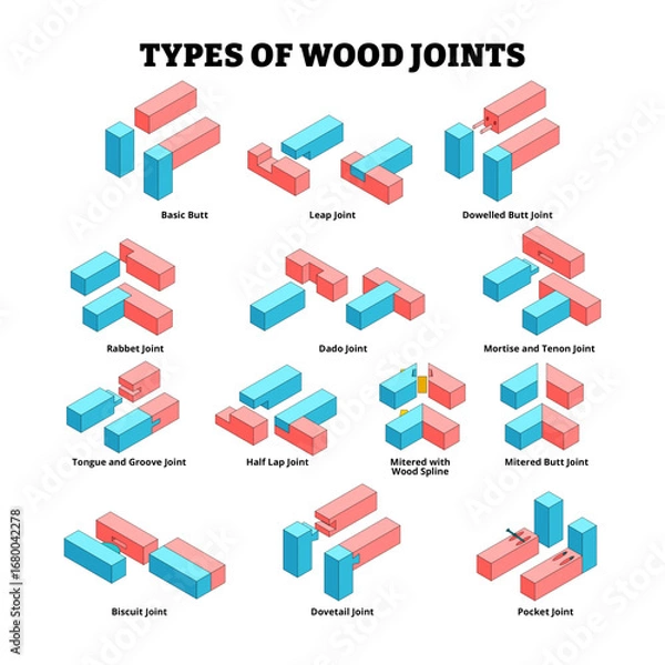 Fototapeta Different types of wood joint construction types technical poster. Carpentry assemble woodwork material. Labeled basic, leap, doweled butt, rabbet, dado, mortise, tenon, tongue,biscuit,half lap,pocket