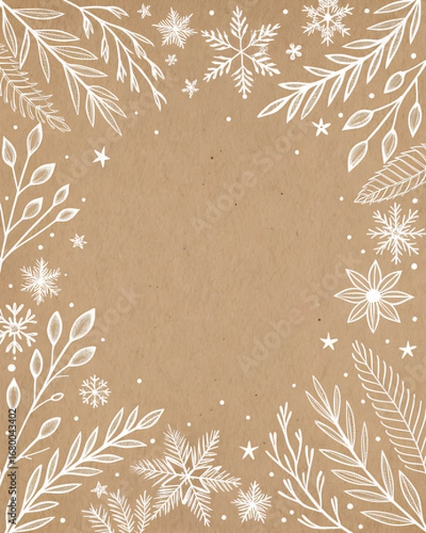 Fototapeta Kraft paper texture background with white ink doodles: snowflakes, branches, tiny stars along margins, rustic cozy style, wide blank center, natural grain preserved, warm festive look, no text.”
