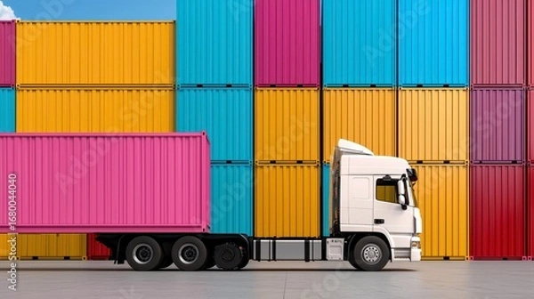 Fototapeta White Semi Truck Transports Pink Shipping Container Against Colorful Stack of Containers Under a Bright Sky