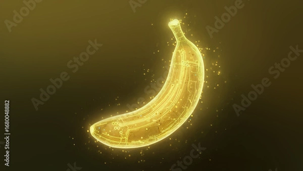 Fototapeta Glowing neon banana wireframe hologram representing advanced technology for innovative video generation and editing software of Nano Banana from Google